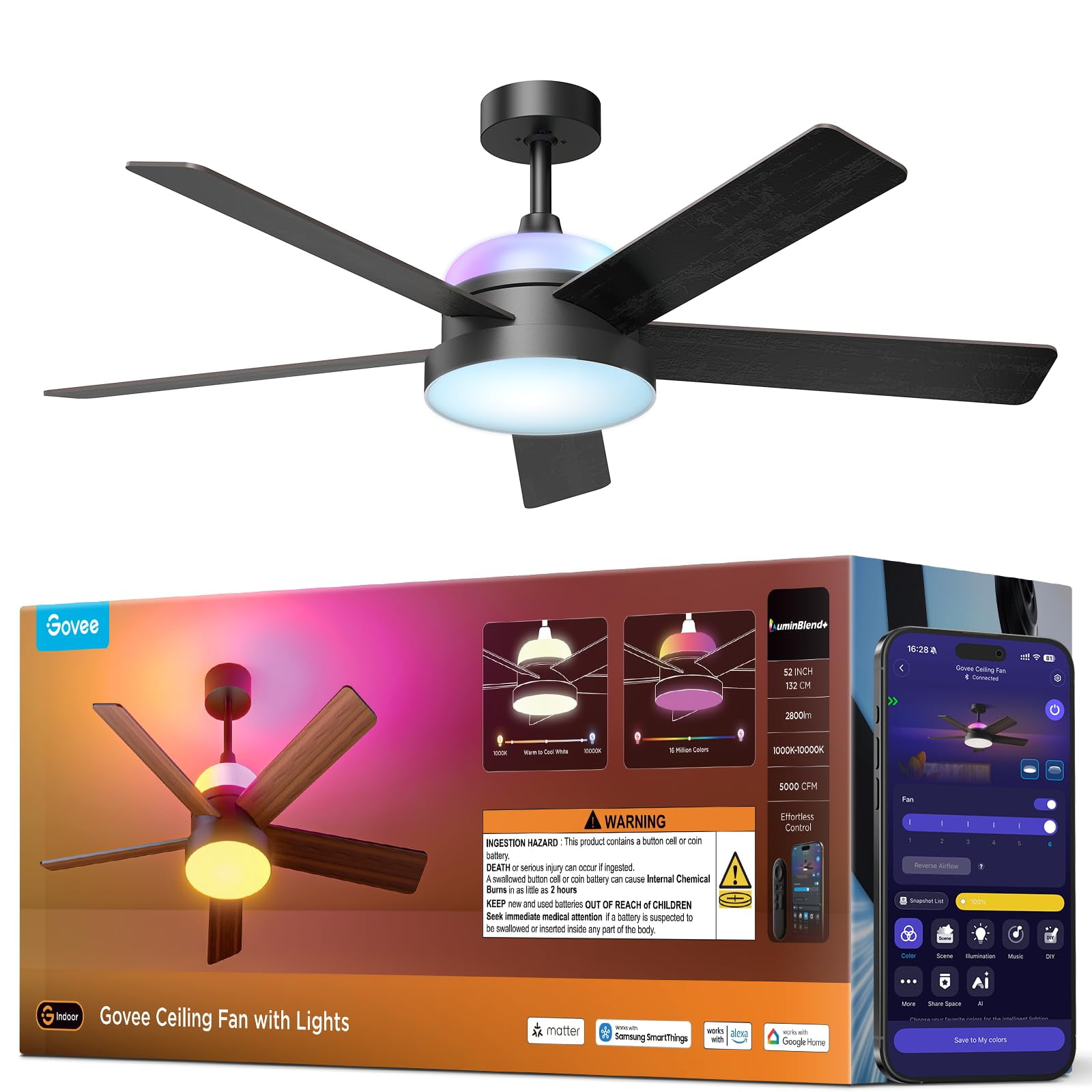 Ventilador De Techo Govee De 52" Rgbic Inteligente Regulable De 2800 Lm