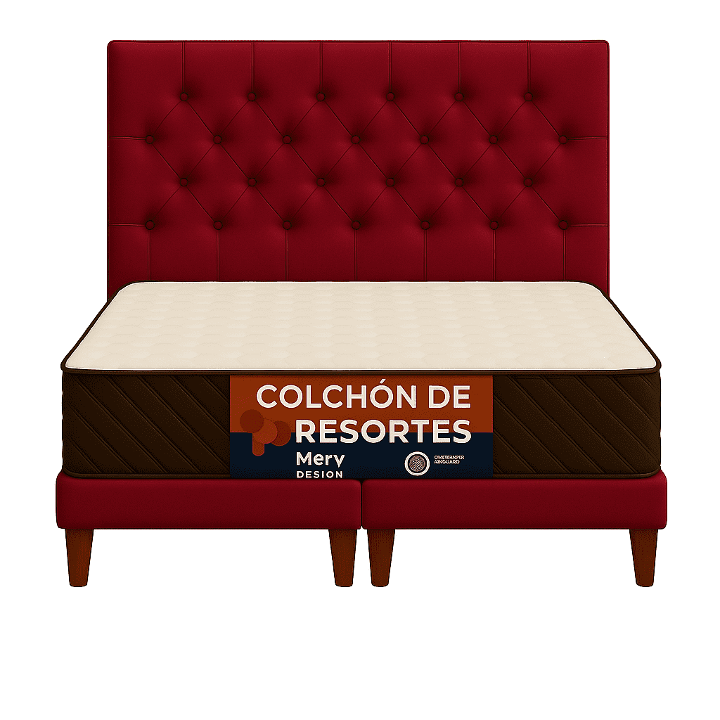 Ethan Desing - Cama 2 Plaza Capitoné + Respaldo 2p Capitone Burdeo + Colchón 2p Mery Desing