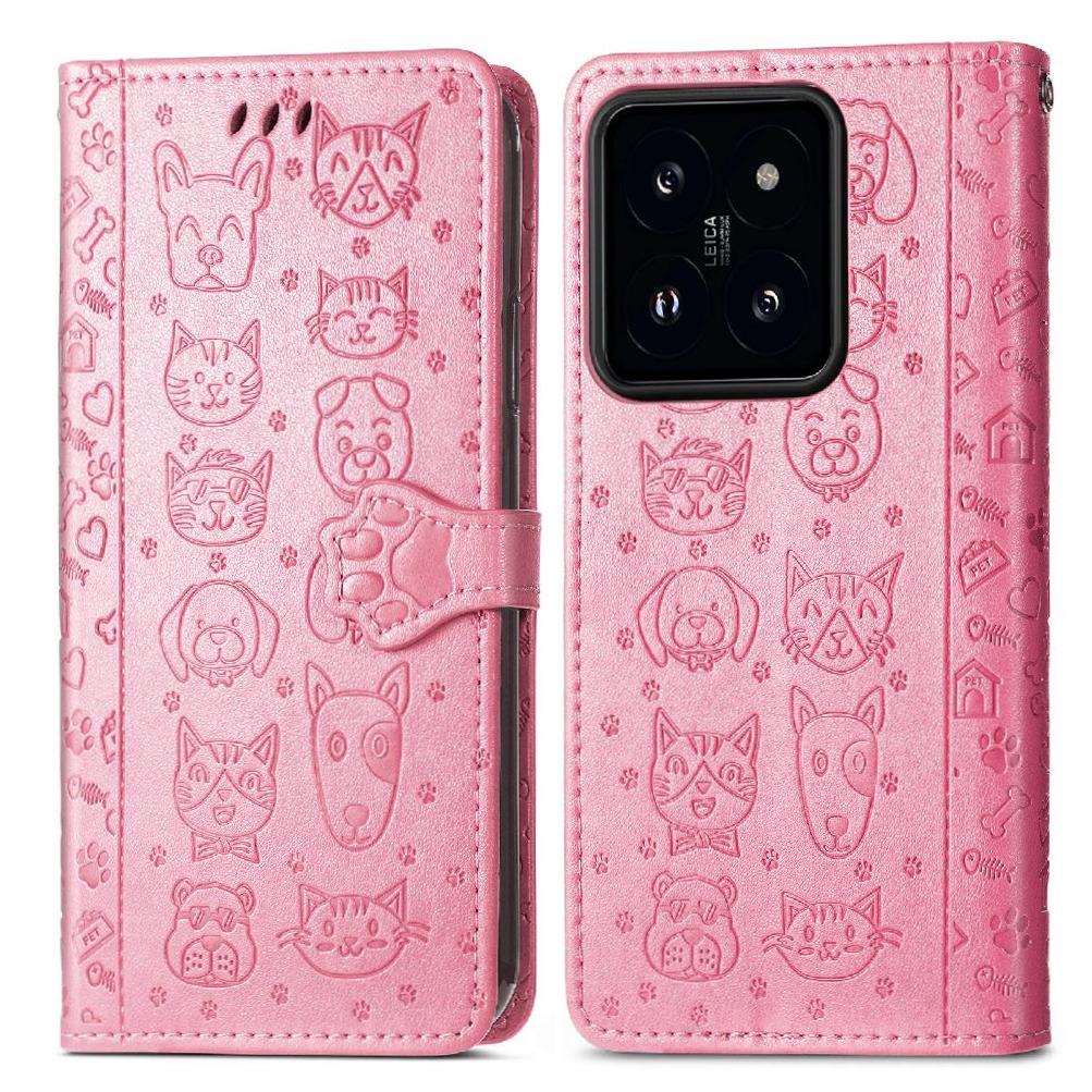 Funda Cartera Foxdock Para Xiaomi 14T , Flip Pu Con Relieve De Gatos Y Perros, Tarjetero Y Soporte