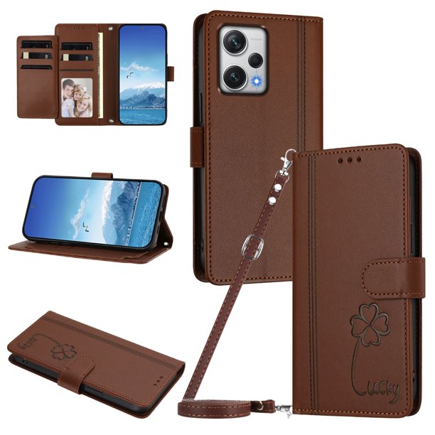 Funda Cartera Trébol para Xiaomi Redmi Note 12 Pro Plus 5G con Ranuras Tarjetas y Carga Inalámbrica Marrón