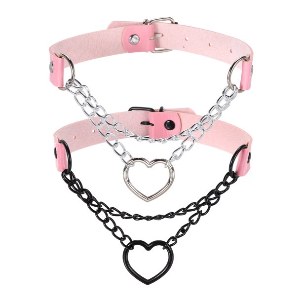 Gargantillas de Cuero PU, Gargantillas de Corazón de Amor Collar Gótico Punk Grunge Emo para Mujeres, Negro/Plata Rosa, 2 Piezas