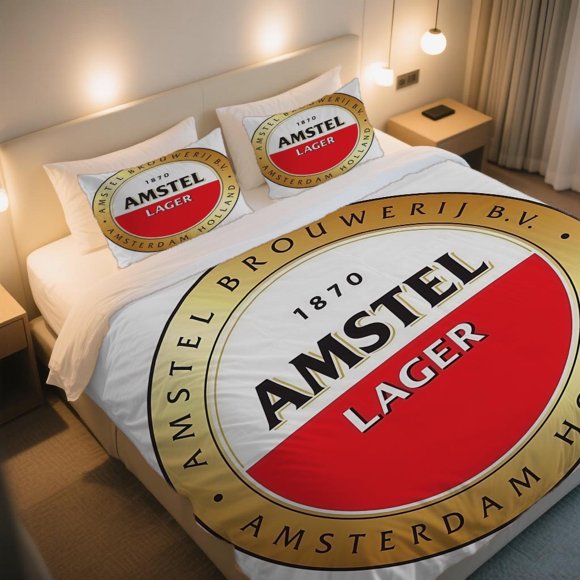 AMSTEL LAGER Beer Logo with Golden Border Duvet Cover Set You've made the right choice with this cartoon digital print bedding set
