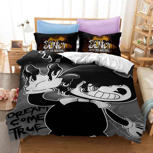 v1519 Bed Sheets Horror Game Bendy and Ink Machine Tool Accessory Set - Piece Cartoon Down Quilt Cover Pillowcase Children's Home Textile 3-Piece Bedding Set (1 Duvet Cover + 2 Pillow Shams) Bed Shee