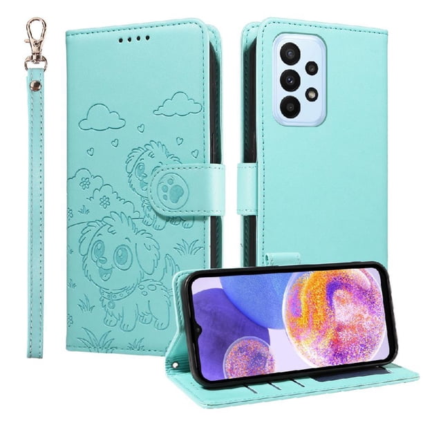 Funda Cartera para Samsung Galaxy A23 4G/5G Perro Cachorro Grabado con Tarjetas Soporte Correa Verde