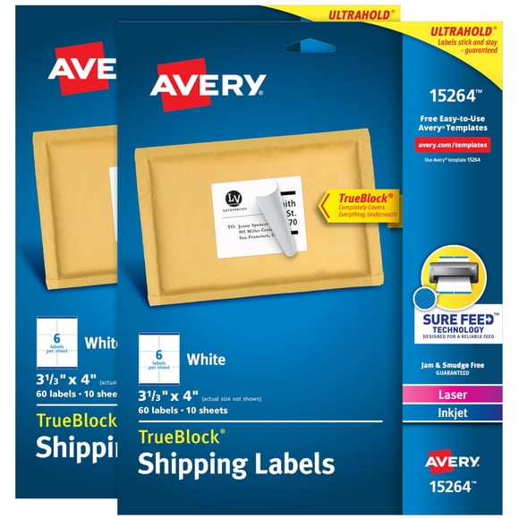 Etiquetas de envío Avery TrueBlock, 3.3 x 4 pulgadas, 120 etiquetas, paquete de 2