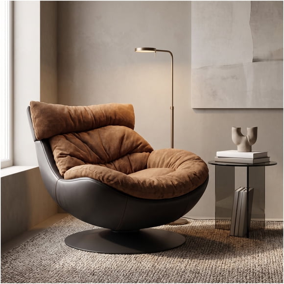 Sillón Leo Giratorio Tela Y Ecocuero Base Pedestal Metálica Marrón Liso