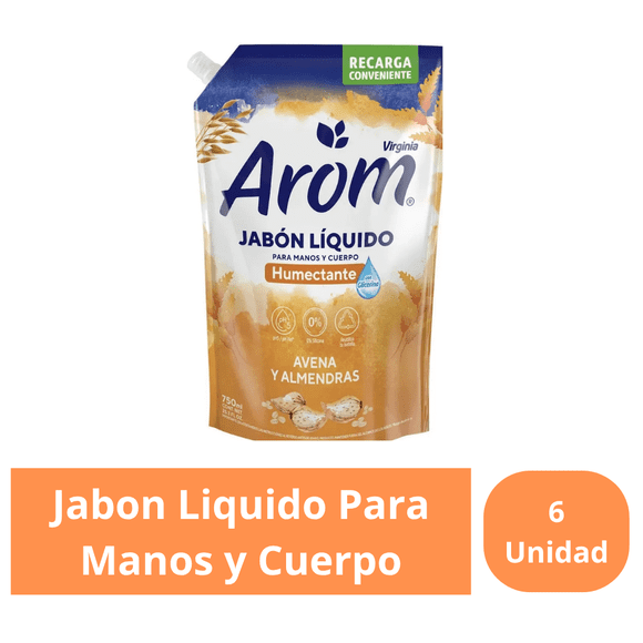 Jabon Liquido Para Manos y Cuerpo Humectante Avena y Almendra Arom 750 ml Pack 6 Unidades