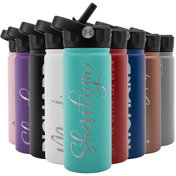 Botella de agua personalizada con popote y tapa, 18 oz - verde azulado | Botella deportiva de acero inoxidable personalizada con nombre y texto - doble pared, aislación al vacío - asa giratoria