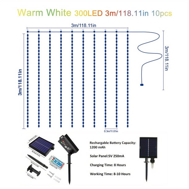 300 LED Solar Curtain Light With Remote Control 8 Lighting Modes, IP65 Waterproof Copper Wire Lights For Christmas Party Wedding Home Bedroom Garden Wall Decorations