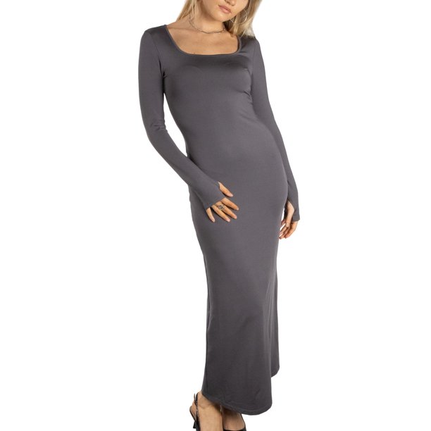 Jess por Meiko Vestido de Mujer Manga Larga Cuello Cuadrado Agujero para el Pulgar Vestido Ajustado Esculpido Maxi XS Gris