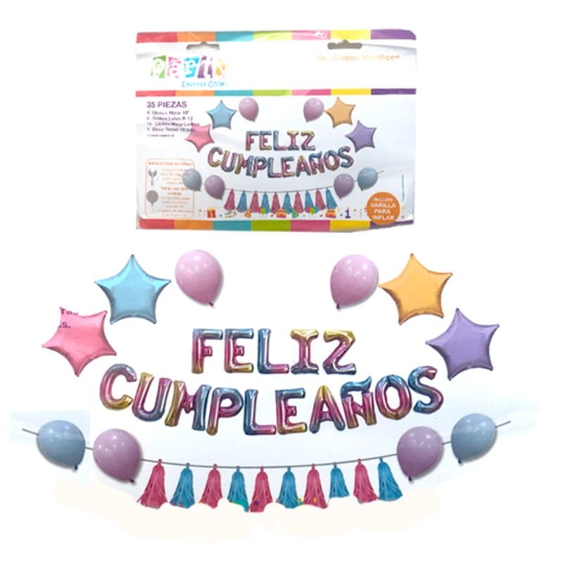 Party Express - Set Globo Feliz Cumpleaños Multicolores 35 Piezas