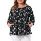 thumbnail image 1 of Blusa Campesina Floral de Talla Grande para Mujer de Agnes Orinda con Cuello Redondo, Frente Reunido, Mangas 3/4 Plisadas, Tops Casuales 3X Negro, 1 of 6