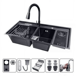 Genérico - Lavaplatos Con Llave Moderno 100X48 Y Lavavasos Accesorios Negro