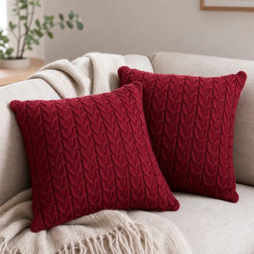 2x Funda Cojin Decorativo Boho 45x45 Twin Cable Acrilico Rojo