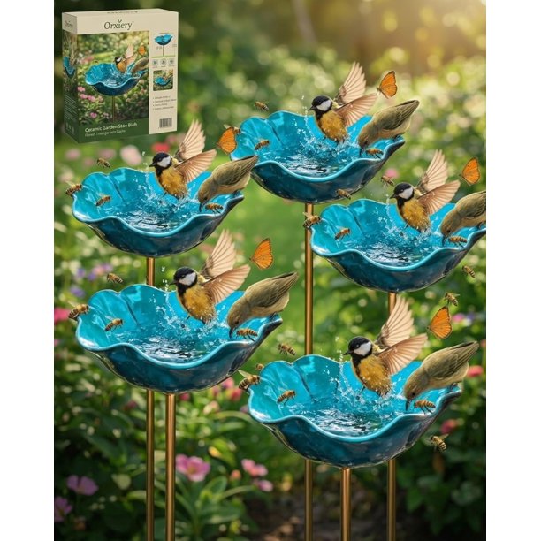 Estaca jardín flor metal hecha mano con baño abejas decoración exterior regalo polinizadores