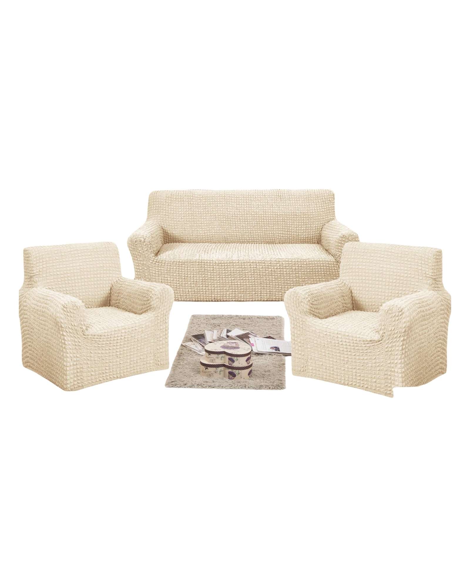 Genérico - Set De Fundas De Sofa 3+1+1 - Diseño Cuadrille Blanco