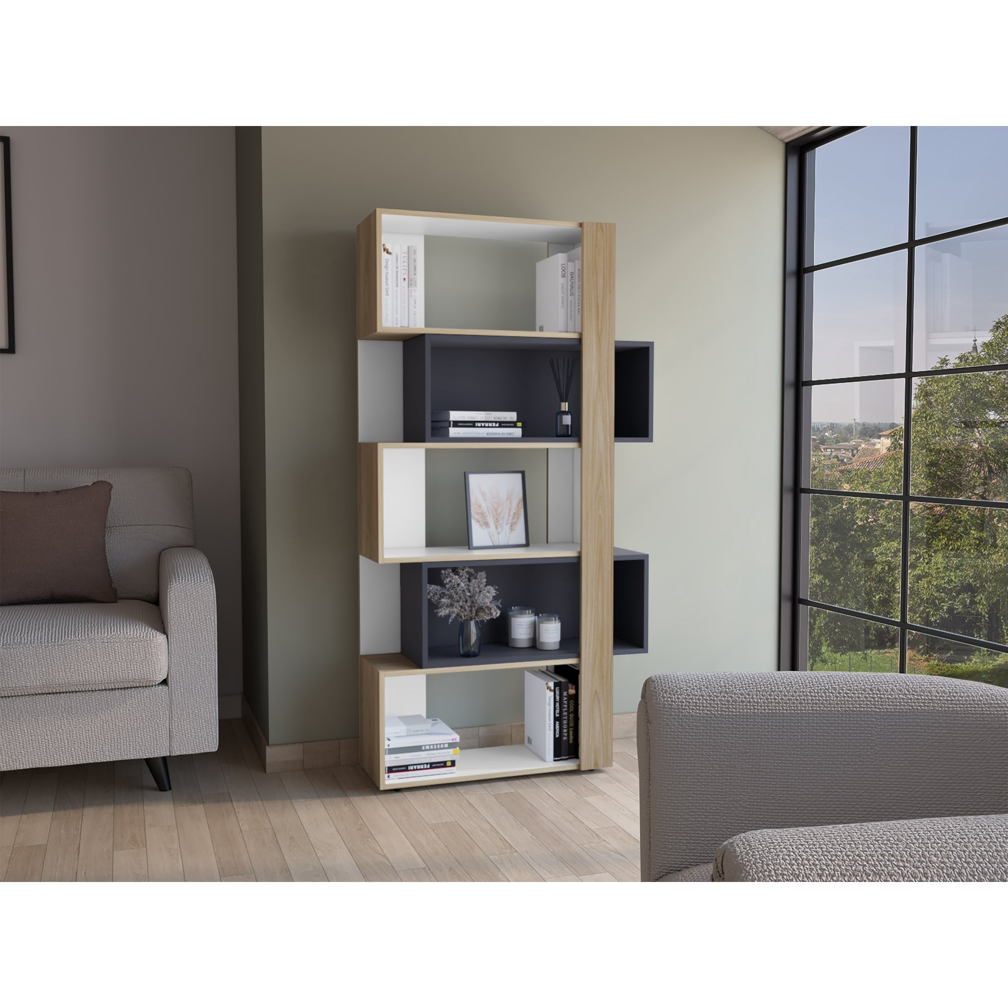 Tuhome - Biblioteca Cubo Beijing 161,5x70,2x28,6 Cm Kronos, Blanco Y Azul