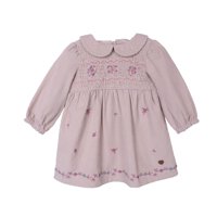 Pillin - Vestido Bebé Niña Manga Larga Cotelé Bordado Floral Arena