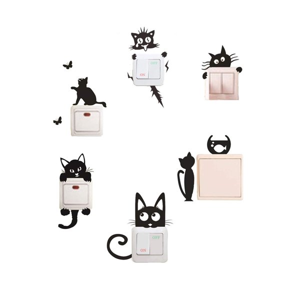 Adhesivo de pared extraíble con forma de gato negro, 6 unidades, PVC