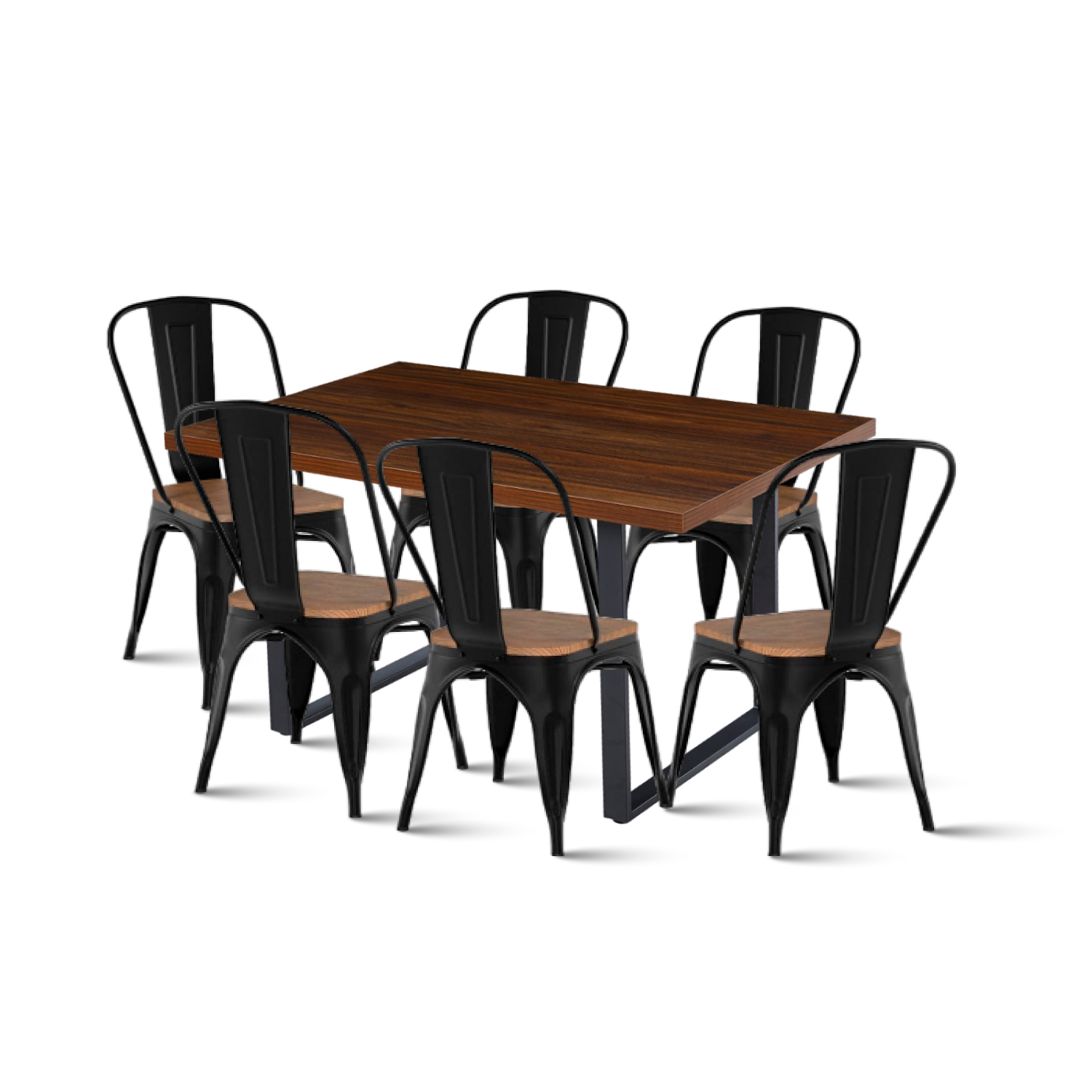 Klik Muebles - Comedor Industrial 140X90 Oscura + 6 Sillas Tolix Negras Con Asiento De Madera Oscura Walnut