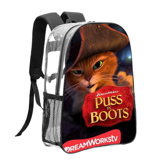 El Gato con BotasMochila transparente temática, resistente y duradera, bolsa see-through para trabajo, deporte, universidad y viaje, 31 × 43 cm