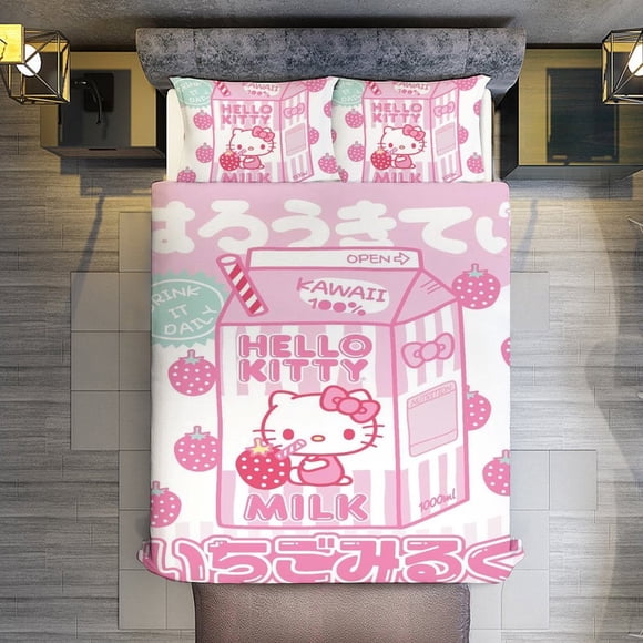 Hello Kitty and Friends - Kawaii Milk Comforter Twin SizeComforter Set for Kids Girls3Pcs Bedding Set Printed Comforter with 2 PillowcasesDown AlternativeSoft and Lightweight Bed Sheets