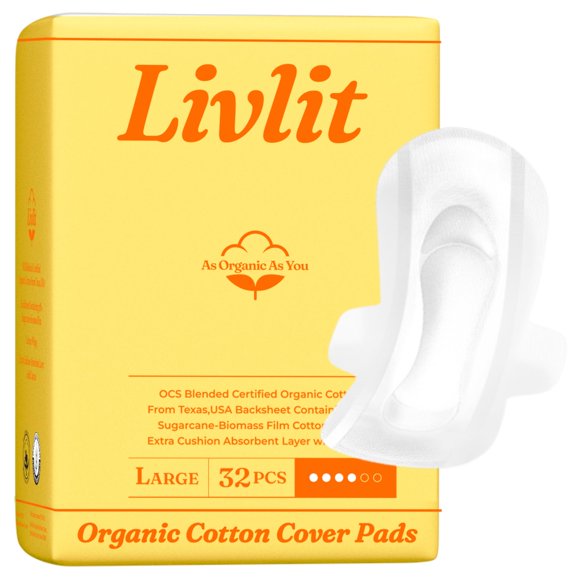 Compresas sanitarias LIVLIT tamaño grande, paquete de 32, algodón orgánico