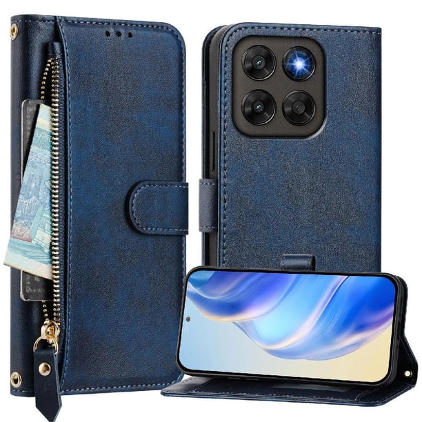 Funda Billetera Cremallera para Motorola Moto G77 con Porta Tarjetas, Soporte y Correa Azul