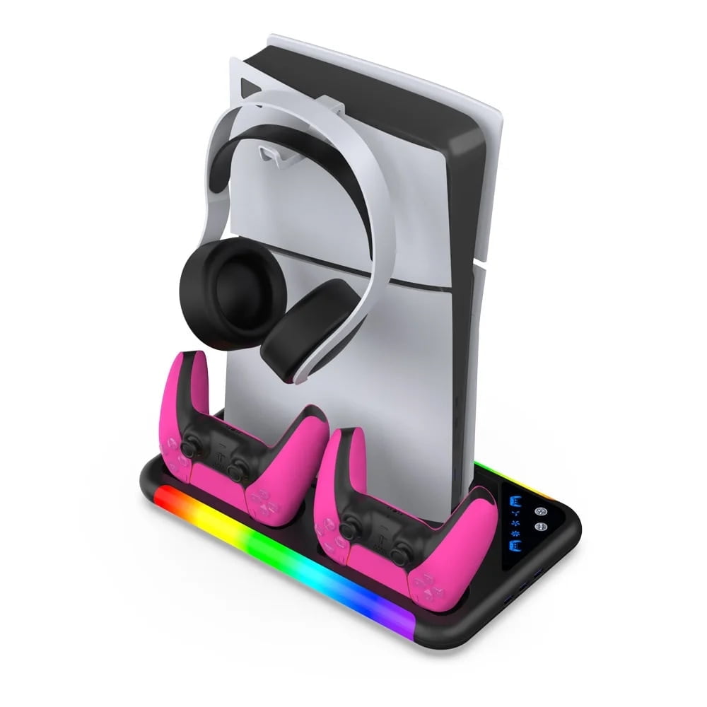 Estación De Enfriamiento Rgb Aaronmei Con Ventilador Y Cargador Dual Para Controles Ps5 Y Ps5 Slim Negro