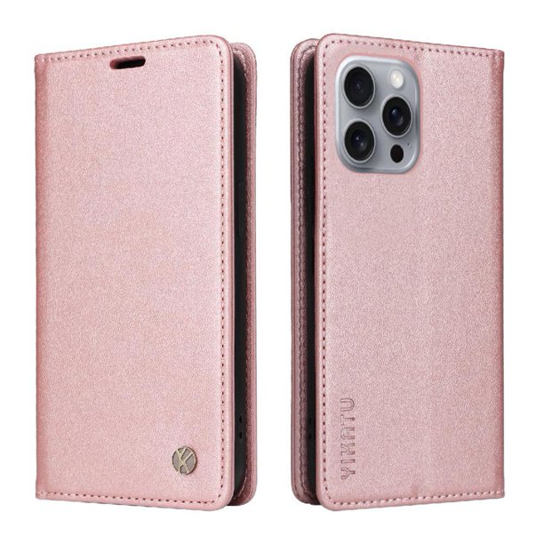 Funda Billetera de Cuero para iPhone 16 Pro Max con Tarjetero y Soporte - Tapa Magnética Rosa