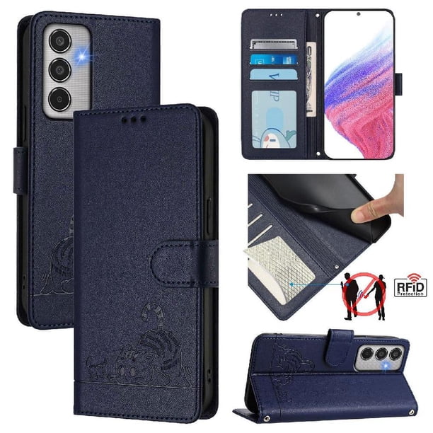 Funda tipo cartera FOXDOCK para Samsung Galaxy M35 con soporte, ranuras, RFID, diseño de gato