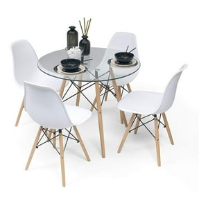 Klik Muebles - Comedor Mesa Eames Vidrio 80 Cm + 4 Sillas Eames Blancas