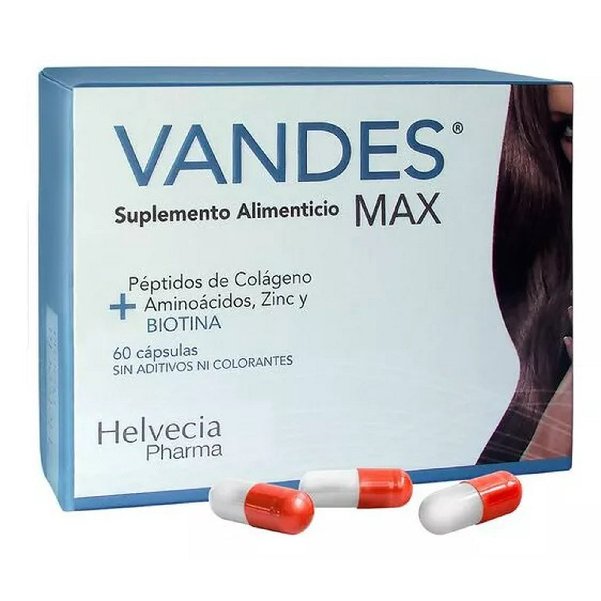 Helvecia Pharma - Vandes Max Suplemento Alimenticio Colágeno Biotina Cabello, Uñas Y Piel 60 Caps