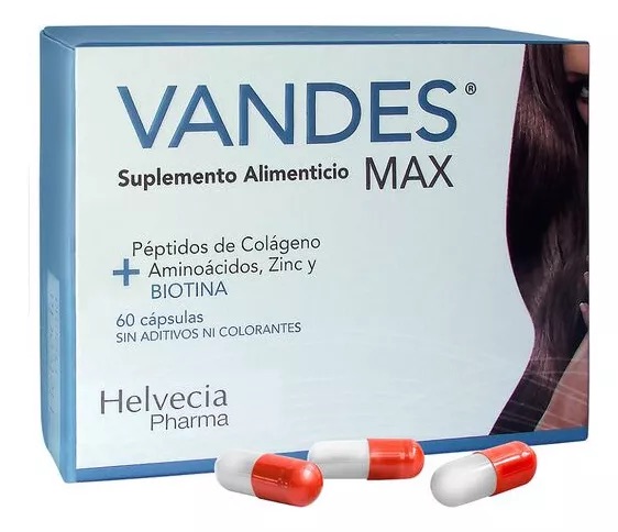 Helvecia Pharma - Vandes Max Suplemento Alimenticio Colágeno Biotina Cabello, Uñas Y Piel 60 Caps