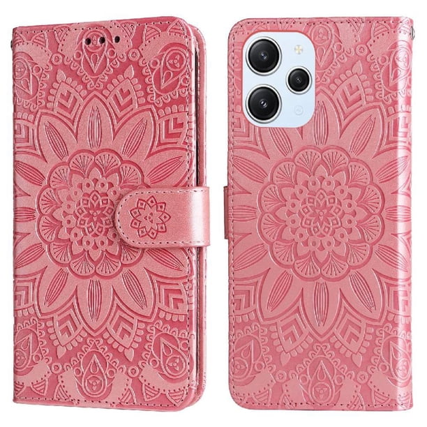 Funda tipo cartera FOXDOCK para Xiaomi Redmi 12 4G , diseño girasol en relieve, cuero PU, cierre magnético, soporte y tarjetero