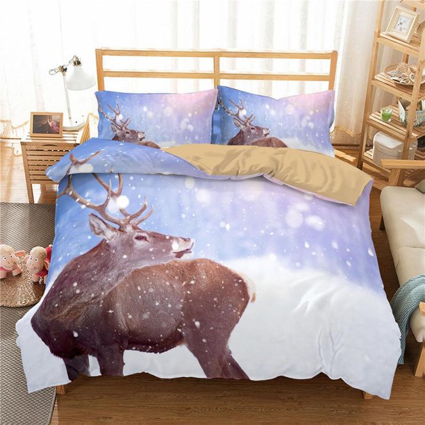 Snow Deer Elk Animal Print Quilt Duvet Cover Set Bedclothes Children Bedspread3-Piece Bedding Set