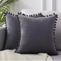 Genérico - Pack De 2 Fundas De Cojines Terciopelo Con Pompones 45X45 Cm Gris Oscuro