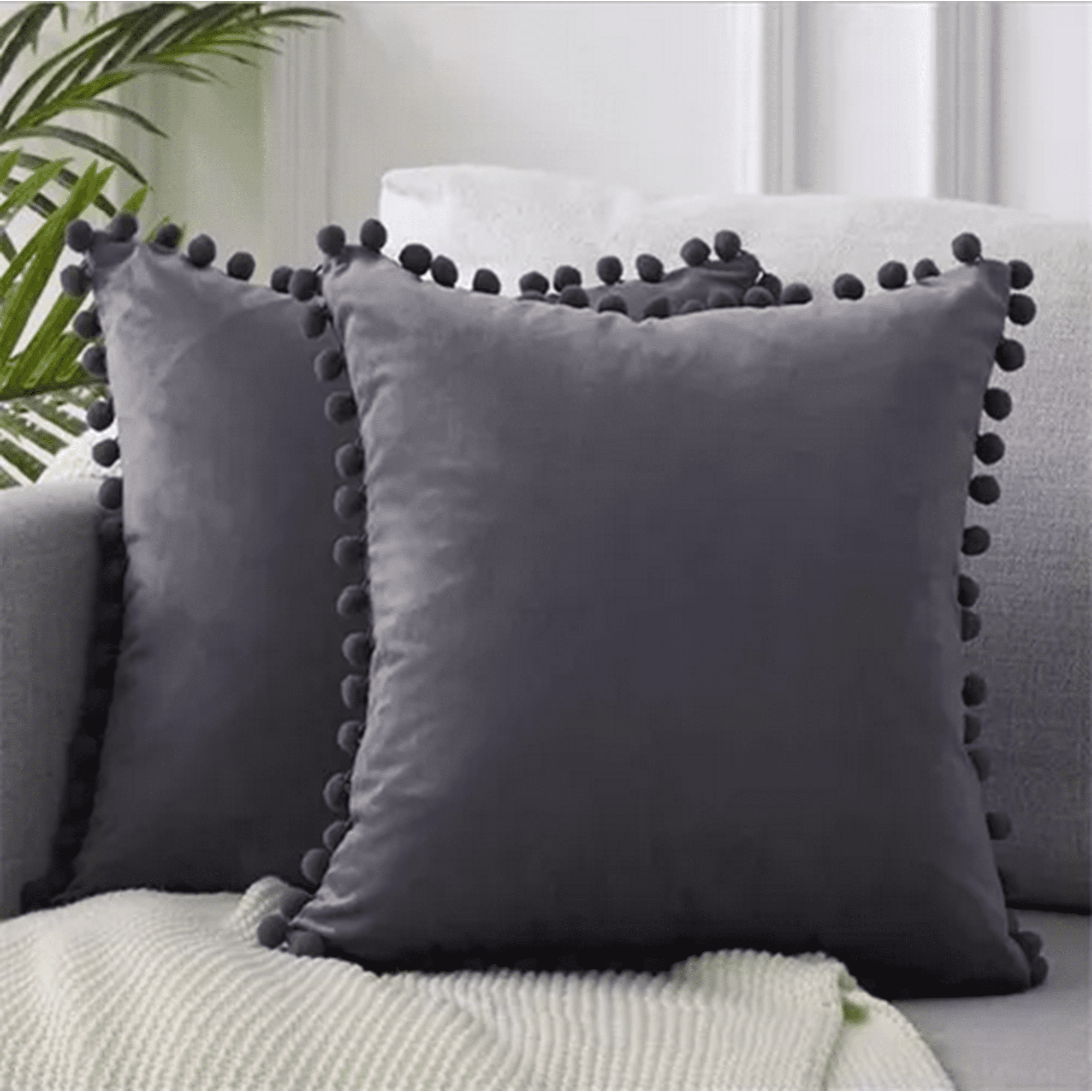 Genérico - Pack De 2 Fundas De Cojines Terciopelo Con Pompones 45x45 Cm Gris Oscuro