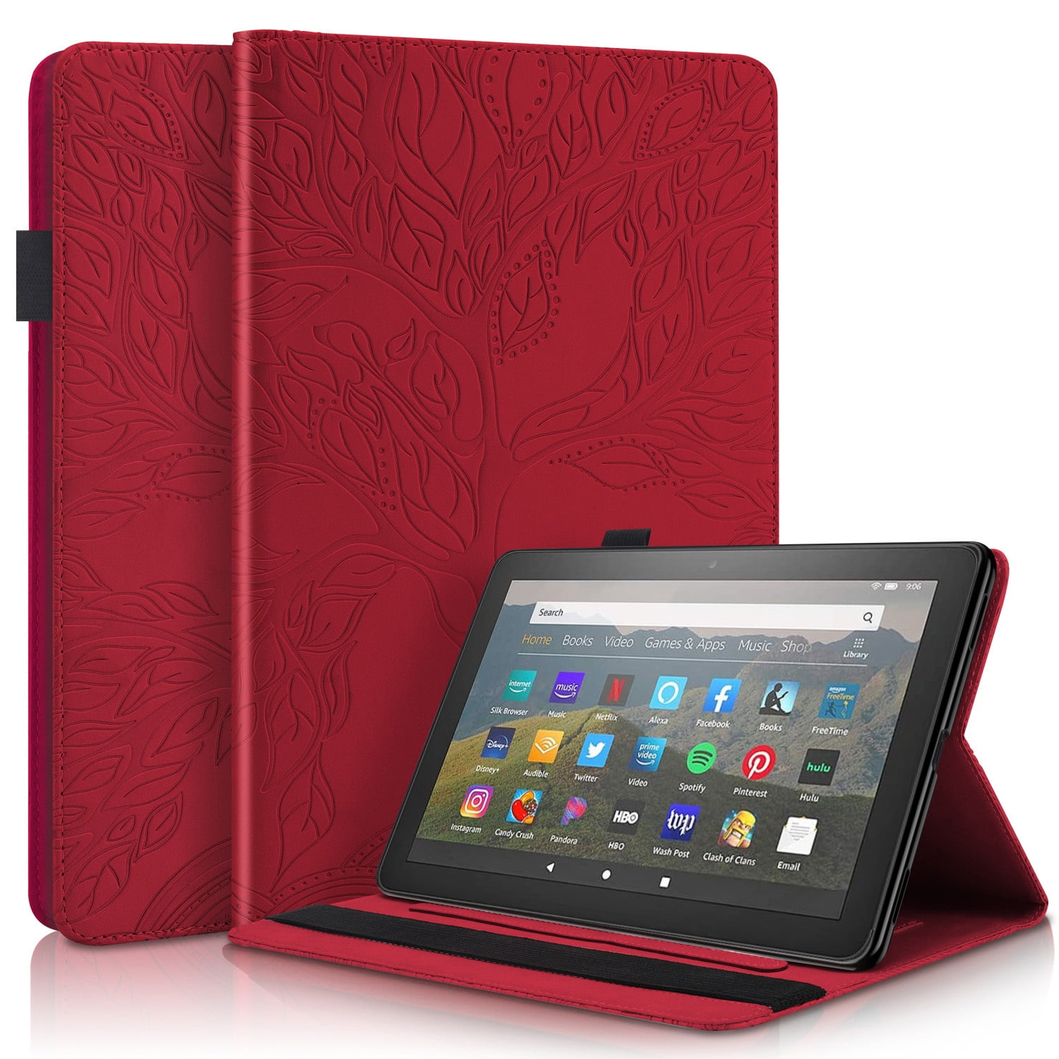 Foxdock - Funda Con Relieve Del Árbol De La Vida Para Tablet Kindle Fire7(2022） Con Soporte, Ranuras Para Tarjetas Y Soporte Para Lápiz Óptico. Rojo