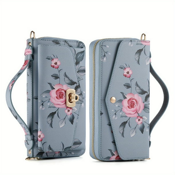 Blue Chinese Style Flowers For IPhone 14 Samsung Galaxy S23 Case With Lanyard Strap, Premium Leather Zipper Wallet Handbag Detachable Removable Magnetic Case With RFID Blocking Card Holder For Samsung