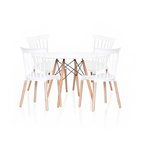 Klik Muebles - Comedor Mesa Redonda Blanca 100Cm + 4 Sillas Windsor Blanca
