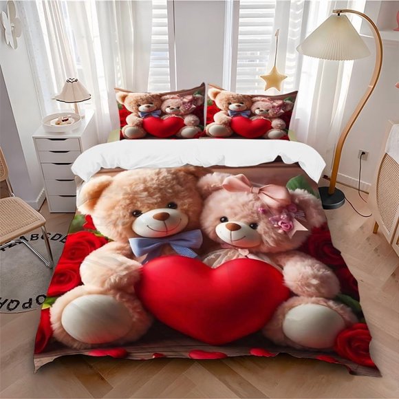 Teddy Bear Love Heart Bedding - Includes One Quilt Cover and Two Pillowcases (No Fillers) - Anime Cartoon Design Polyester Fabric Perfect for Bedroom and Guest