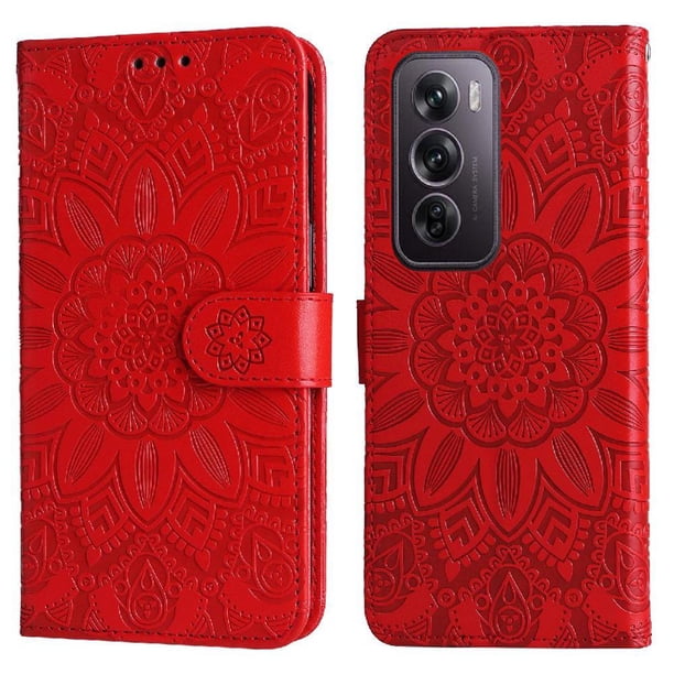 Funda tipo cartera FOXDOCK para OPPO Reno 12 5G , diseño girasol en relieve, cuero PU, cierre magnético, soporte y tarjetero