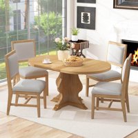 M&Ms - Trexm Farmhouse 5-Piece Dining Table Set With 4 Upholstered Chairs, Wood Extendable Dining Table With 15.7"" Leaf For Extra Seating For Dining Room, Kitchen And Living Room (Natural Wood Wash)