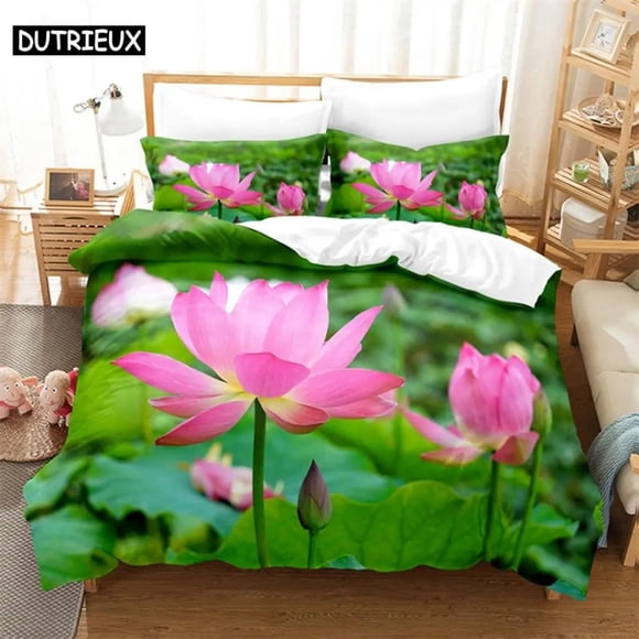 Pink Lotus Bedding Set Green Duvet Cover Set Kids Bedding Digital Printing Bed Linen Duvet Cover