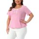 thumbnail image 4 of Agnes Orinda Camisetas de Mujer Tallas Grandes para Escuela o Universidad con Ribete en Contraste, Nudo en el Cuello Cuadrado, Manga Corta, Blusas Casuales 4X Rosa, 4 of 6