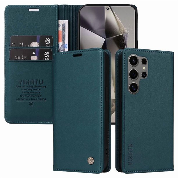 Funda Billetera de Cuero para Samsung Galaxy S25 Ultra con Tarjetero y Soporte - Tapa Magnética Azul