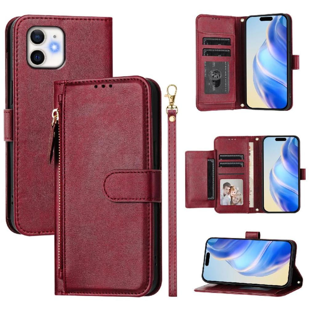 Foxdock - Funda Tipo Cartera Para Iphone 11 Con Bolsillo Con Cremallera, Tarjetero, Soporte, Correa Para La Muñeca Y Tapa De Cuero Rojo
