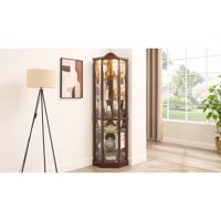 M&Ms - Glass Cabinet Lighted Corner Cabinet Corner Display Curio Cabinet, Glass Display With Light Bar Cabinet, Wine Cabinet With Adjustable Glass Shelves Carved Decoration Daark Cherry, Light(Included)