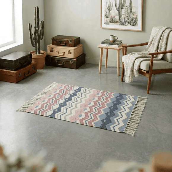 Bajada De Cama Kilim 60cm x 90cm Tejidas En Algodón Con Flecos Estampada